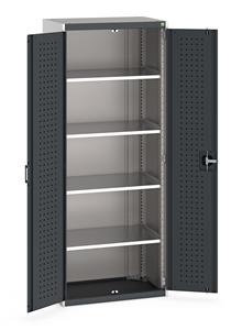 Heavy Duty Bott cubio cupboard with perfo panel lined hinged doors. 800mm wide x 525mm deep x 2000mm high with 4 x100kg capacity shelves.... Bott Tool Storage Cupboards for workshops with Shelves and or Perfo Doors